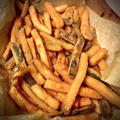 Hot zucchini fries, so nice. Please pass the ranch.