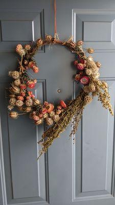 Wreath from flowers grown and dried at the farm. I have loved having this on our door over the holidays