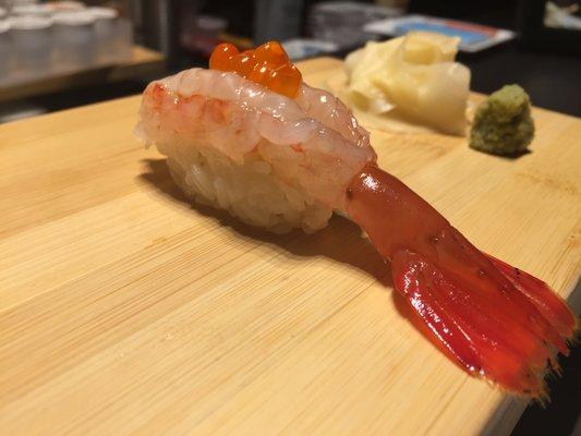 Amaebi (raw spot prawn) with Ikura (salmon roe). Wonderfull!