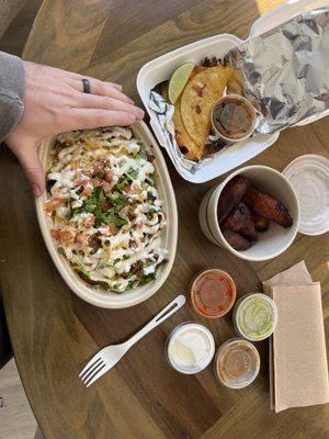 Adobe bowl, birria taco, Plantains & Crema