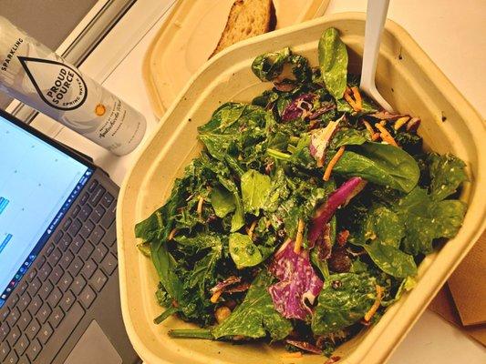 Super Green Goddess; black lentils, chickpeas, carrots, broccoli, beets, roasted almonds, baby spinach, shredded kale, Green Goddess ranch