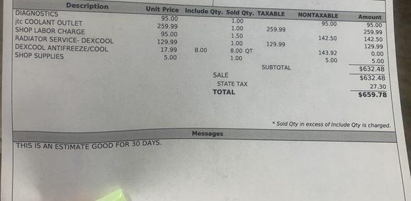 $95 diagnostics fee that I was not told about until after waiting forever and they brought this paper to me.