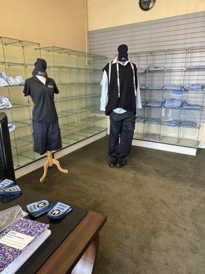 Uniform samples on display. They also have USPS uniforms available as well.