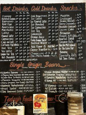 Menu. Lots of single origin options.