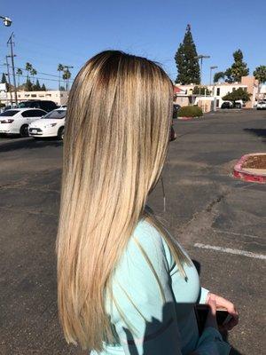 Blonde Balayage with dark roots done by stylist Amanda.