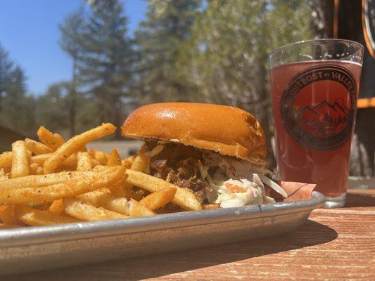 Pulled pork, French fries, hard cider