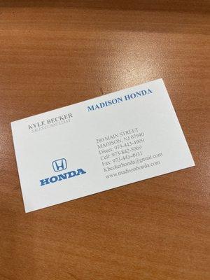 Kyle Becker's Business card - contact him for your Honda needs!