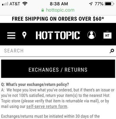 Hot Topic's return policy that this location ignores because they chose to