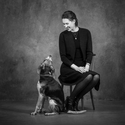 Lady & her dog. Classic black & white family portrait session.