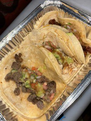 steak, chicken, & chorizo tacos