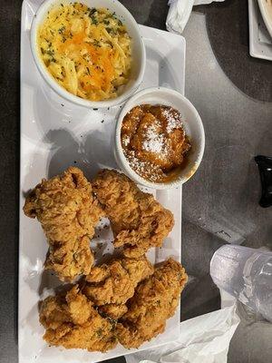 Fried chicken , Mac and Cheese and Carrot Soufflé