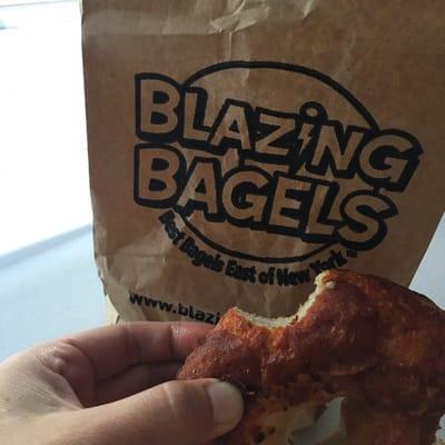 Blazing Bagels can be found on 108th Ave Ne across from the Bellevue transit center. This is their pepperoni and cheese bagel.