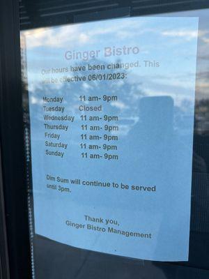 New business hours, and they are closed on Tuesdays.