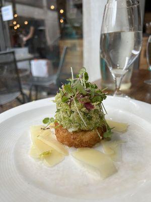 Shaved Brussels Sprout Salad parmesan risotto cake, truffle vinaigrette