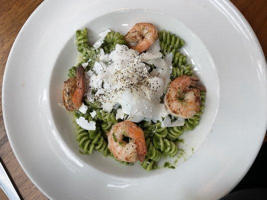 Casarecce al Pesto con Ricotta with shrimp added