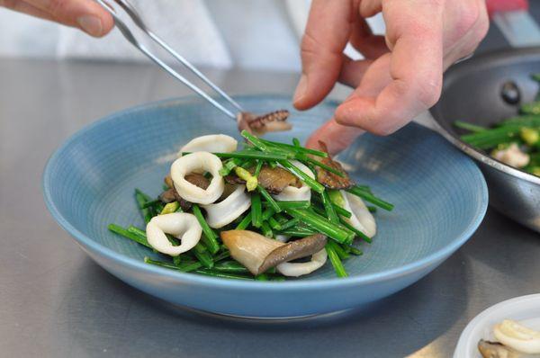 Charred Chive Blossoms with Oyster Mushrooms and Squid