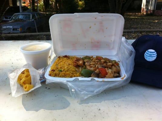 Kung Pao chicken, pork fried rice and egg drop soup.