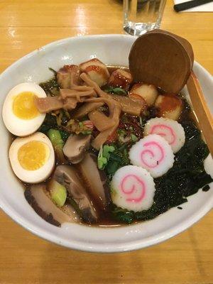 Spicy Vegetable Ramen with added egg, menma, narutomaki and wakame seaweed!