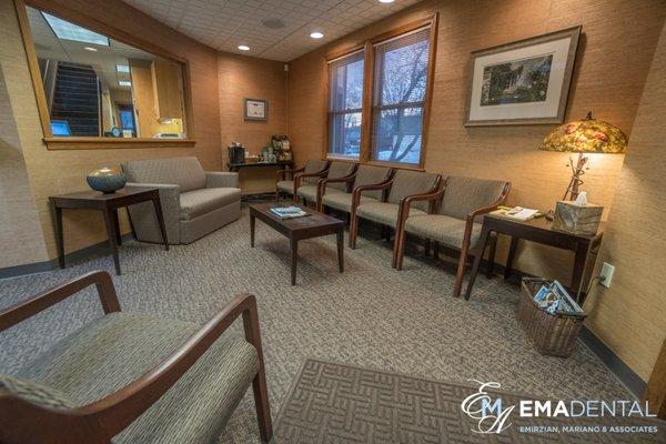 Spacious Northampton patient reception area with Keurig coffee station.