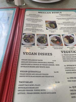 Menu of vegan dishes