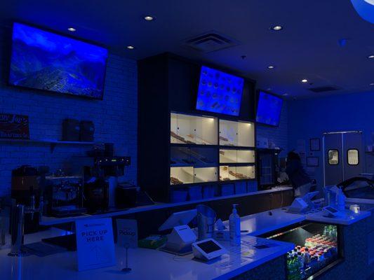 The order counter at night.  Only blue colored lights were on.