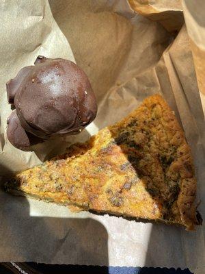 The quiche had gooey translucent strings after every bite, bland taste sadly. Redemption is in the Baci truffles tho!