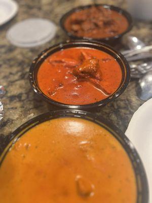 Chicken tikka masala, butter chicken and lamb tandoori