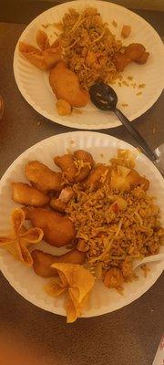 Fried rice, honey chicken and cream cheese Rangoon. All delicious!