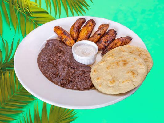 refried beans, fried plantains, cream and two hand made tortillas