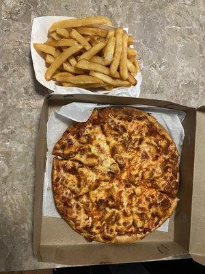 Buffalo Chicken Pizza and fries