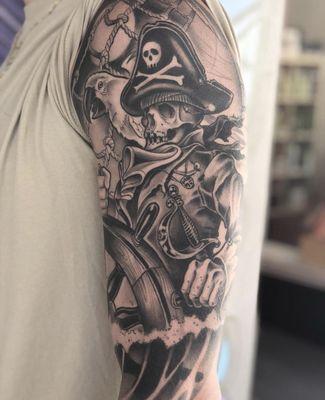 Healed shop of this awesome pirate sleeve by @nategrecoart #odditytattoo #odditytattoo2018 #hivecaps #srq #sarasota #siestakey