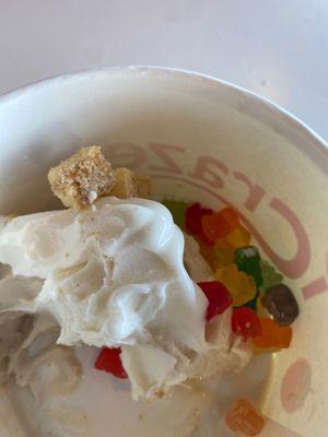 Coconut and cookie dough frozen yogurt with cheesecake and gummy bears