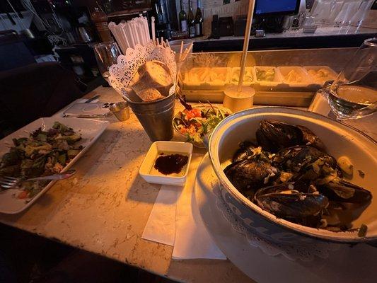 Classic Cobb, le Moules Dijonnaise (sub salad for fries), accompanied by fresh French bread and dipping oil