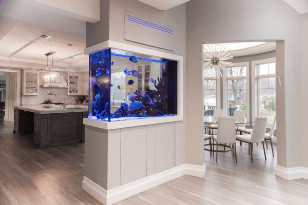 Beautifully crafted saltwater kitchen glass peninsula aquarium designed and installed by Aqua Creations, also serving as a room divider.