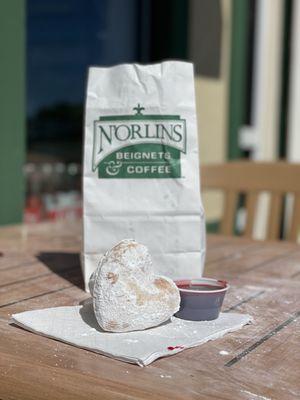 Fresh beignets and raspberry dipping sauce!