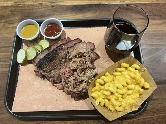 Neighbor Tim's brisket, pork, Mac and cheese.