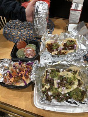 Carne asada tacos, al pastor tacos, California burrito, fried fish taco