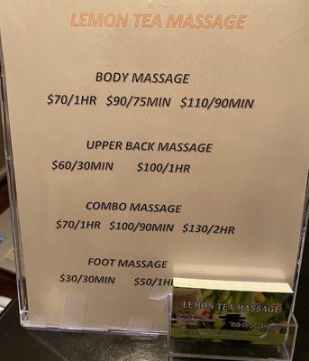 Pricing for massages.