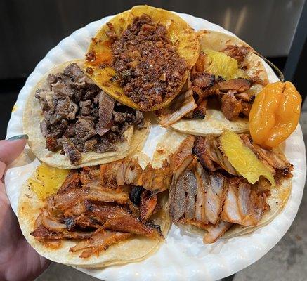 Top middle is chorizo, to the left of it is carne asada, and 3 Al pastor tacos