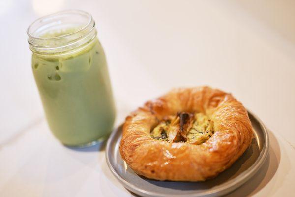 Iced Matcha Latte & Savory Pastry