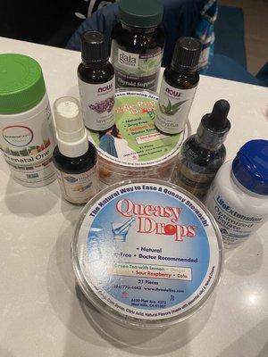 Prenatal vitamins, vegan D3 spray, lavender oil, Preggie pop for quesy moms