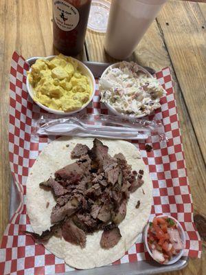 Brisket, coleslaw, potato salad, pico di gallo.