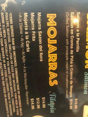 Mojarras menu