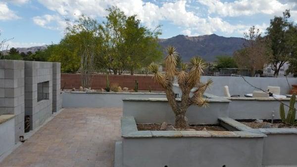 My hardscape work in progress--note the walls have chiseled edge quartzite capstones purchased from Jolanta Tile.