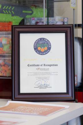 Our Recognition Certificate from City Council in Orange County