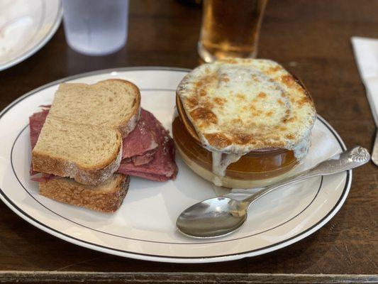 French soup and half corned beef sandwich