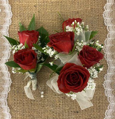 Four red rose corsage your choice of ribbon $29.99 matching boutonnière $16.99