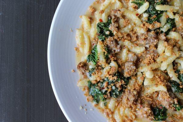 Ricotta Cavatelli with fennel sausage, kale, and toasted breadcrumb