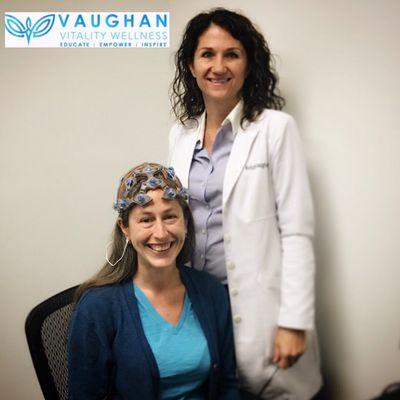 A patient set up for her EEQ brain scan.