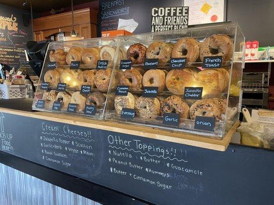 Look at this amazing selection of bagels! So many great flavors and so fresh! Such a cute place.  Great service. Highly recommend!